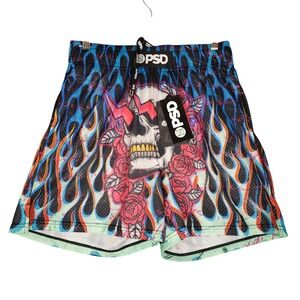 PSD Flames‎ N Bones Skull Roses Mesh Athletic Shorts Size S